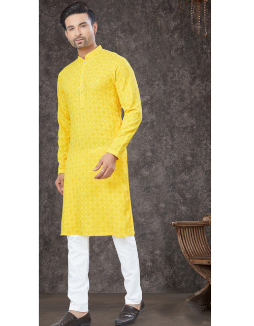 Load image into Gallery viewer, Lucknowi Chikankari Yellow Mens Kurta Pajama mahezon
