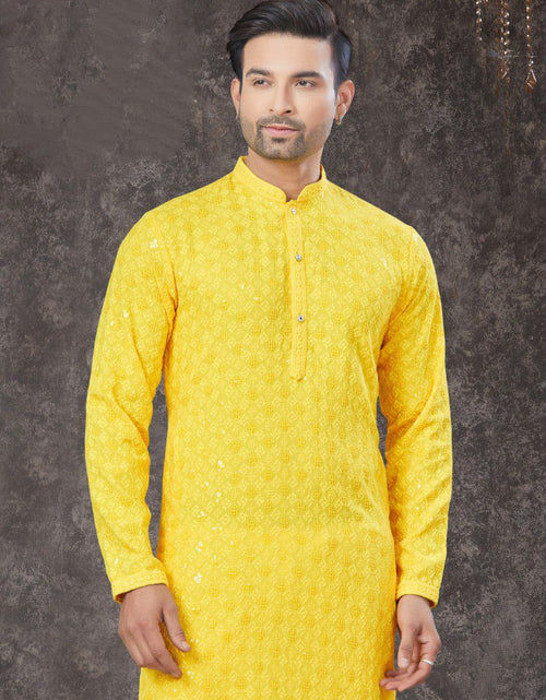 Load image into Gallery viewer, Lucknowi Chikankari Yellow Mens Kurta Pajama mahezon
