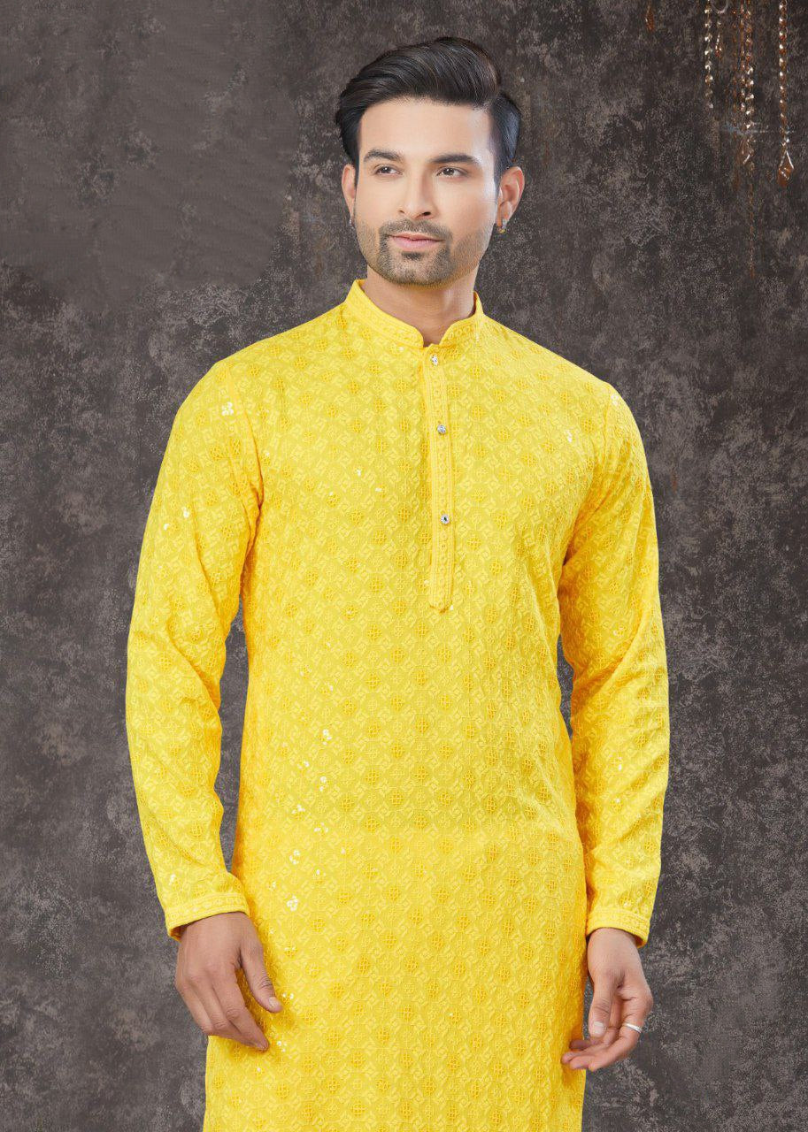 Lucknowi Chikankari Yellow Mens Kurta Pajama mahezon