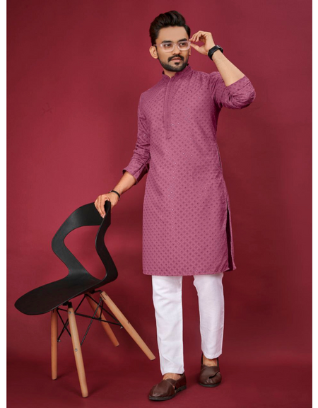 Indian Traditional Cotton Lucknowi Men Kurta Pyjama Set mahezon