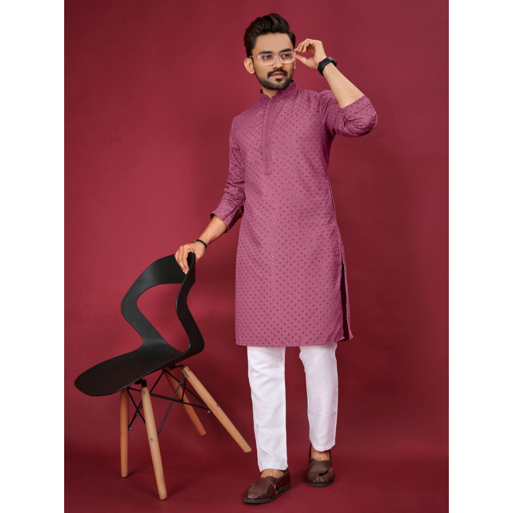 Indian Traditional Cotton Lucknowi Men Kurta Pyjama Set mahezon
