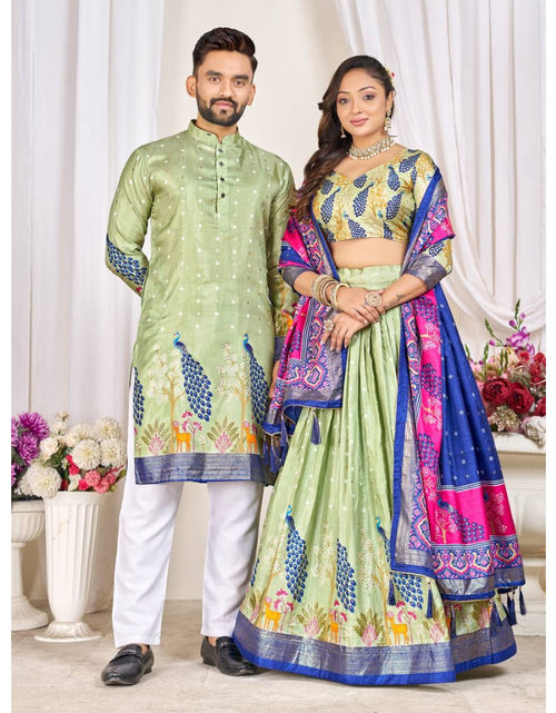 Load image into Gallery viewer, Traditional Couple Wear Same Matching Men Kurta Pajama Women Lehenga Choli Dupatta Outfits mahezon
