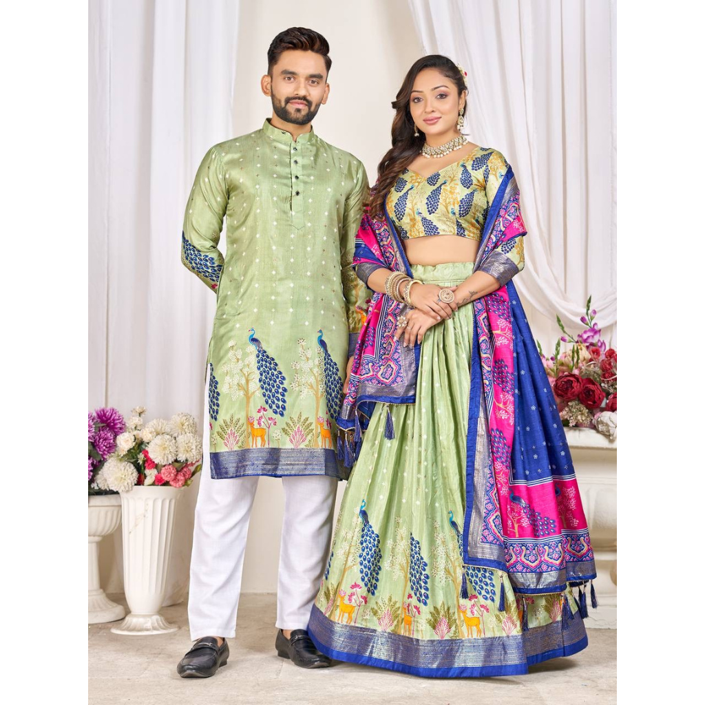 Traditional Couple Wear Same Matching Men Kurta Pajama Women Lehenga Choli Dupatta Outfits mahezon
