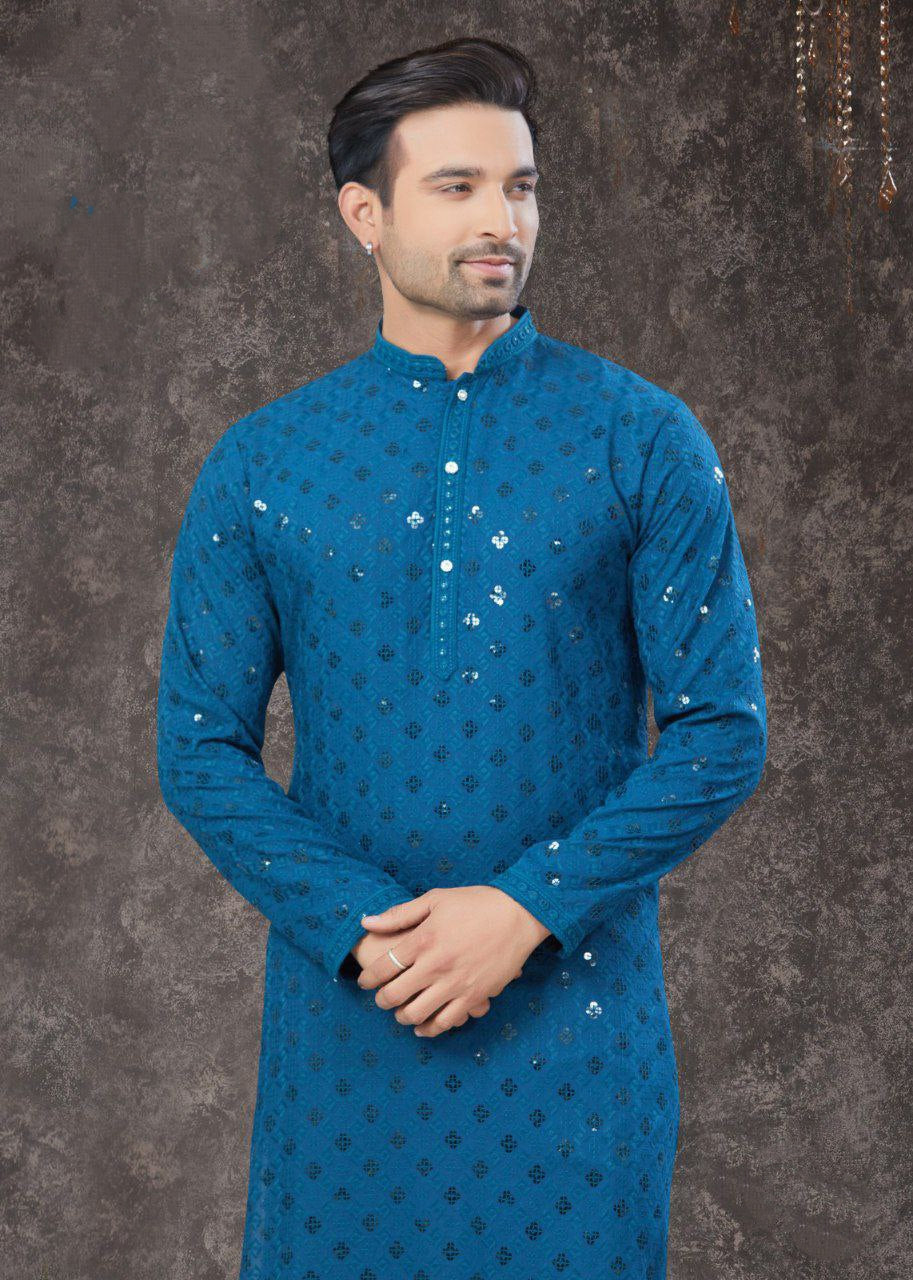 Lucknowi Chikankari Blue Mens Kurta Pajama mahezon