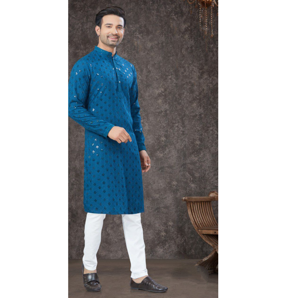 Lucknowi Chikankari Blue Mens Kurta Pajama mahezon