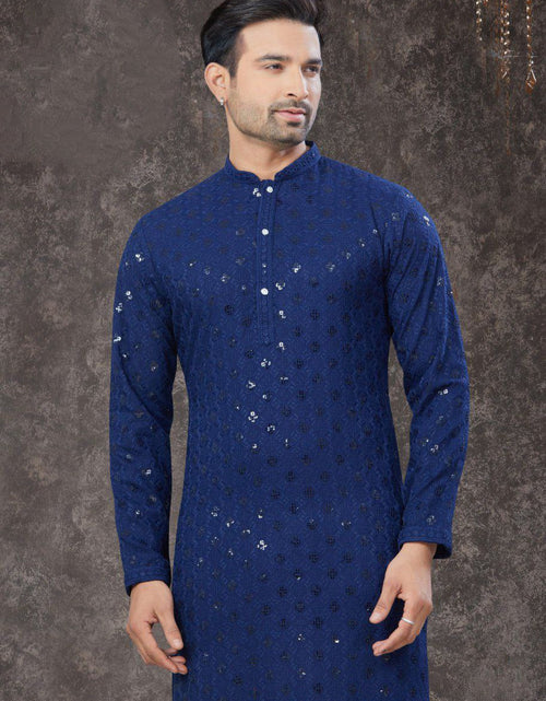 Load image into Gallery viewer, Lucknowi Chikankari Royal Blue Mens Kurta Pajama mahezon
