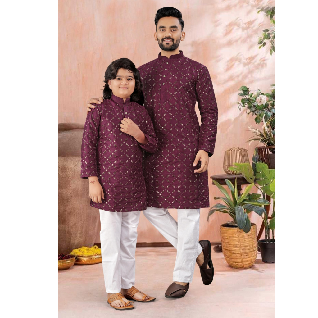 Indian Traditional Father and Son Same Matching Kurta Pajama Set mahezon