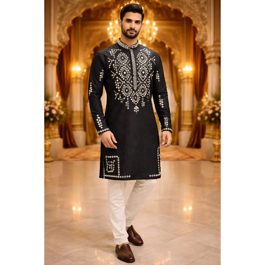 Indian Traditional Cotton Embroidery Men’s Short Kurta Pajama Set mahezon