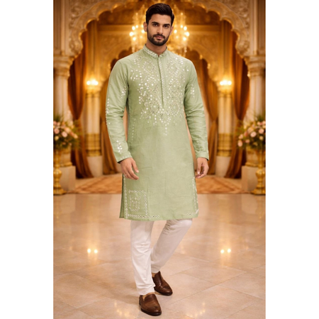 Indian Traditional Cotton Embroidery Men’s Short Kurta Pajama Set mahezon