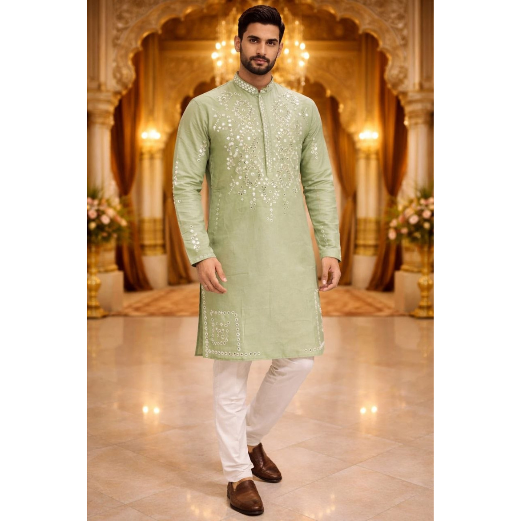 Indian Traditional Cotton Embroidery Men’s Short Kurta Pajama Set mahezon
