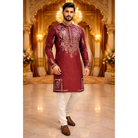 Indian Traditional Cotton Embroidery Men’s Short Kurta Pajama Set mahezon