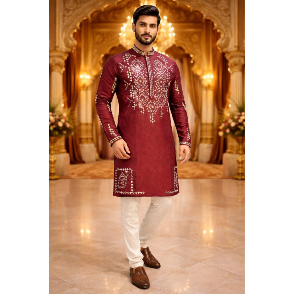 Indian Traditional Cotton Embroidery Men’s Short Kurta Pajama Set mahezon