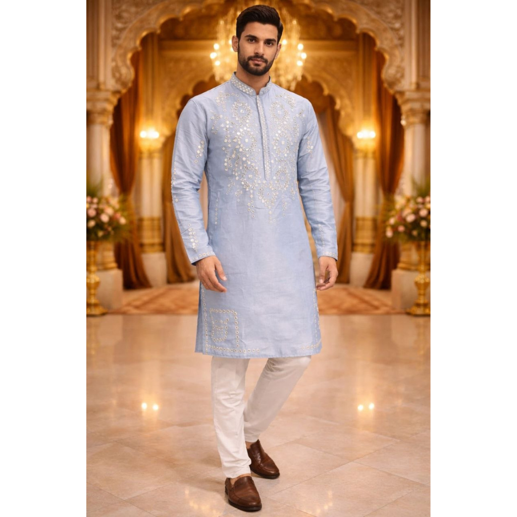 Indian Traditional Cotton Embroidery Men’s Short Kurta Pajama Set mahezon