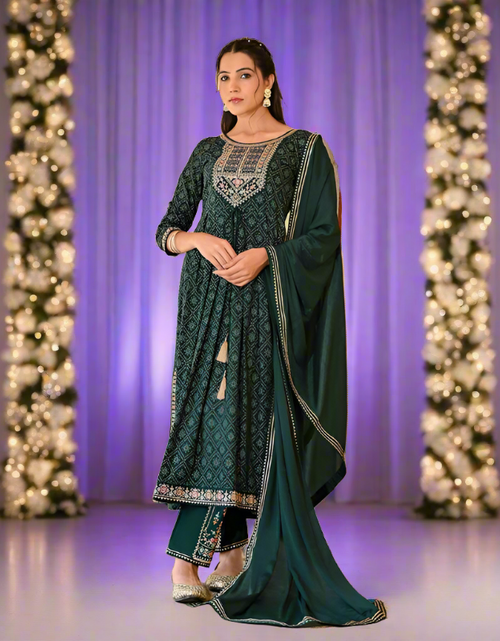 Load image into Gallery viewer, Green Bandhej Naira Cut Kurti Pant Dupatta set mahezon
