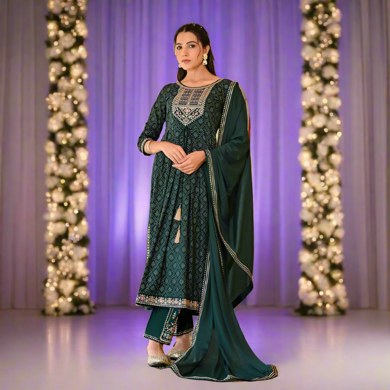 Green Bandhej Naira Cut Kurti Pant Dupatta set mahezon