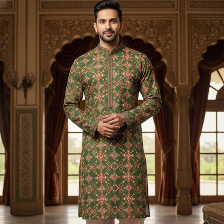 Traditional Indian Wedding Silk Embroidery Men’s Short Kurta Pajama Set mahezon