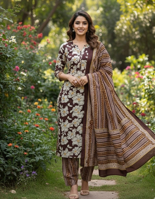 Load image into Gallery viewer, Jaipuri Cotton Women Kurta Pant Dupatta Set mahezon
