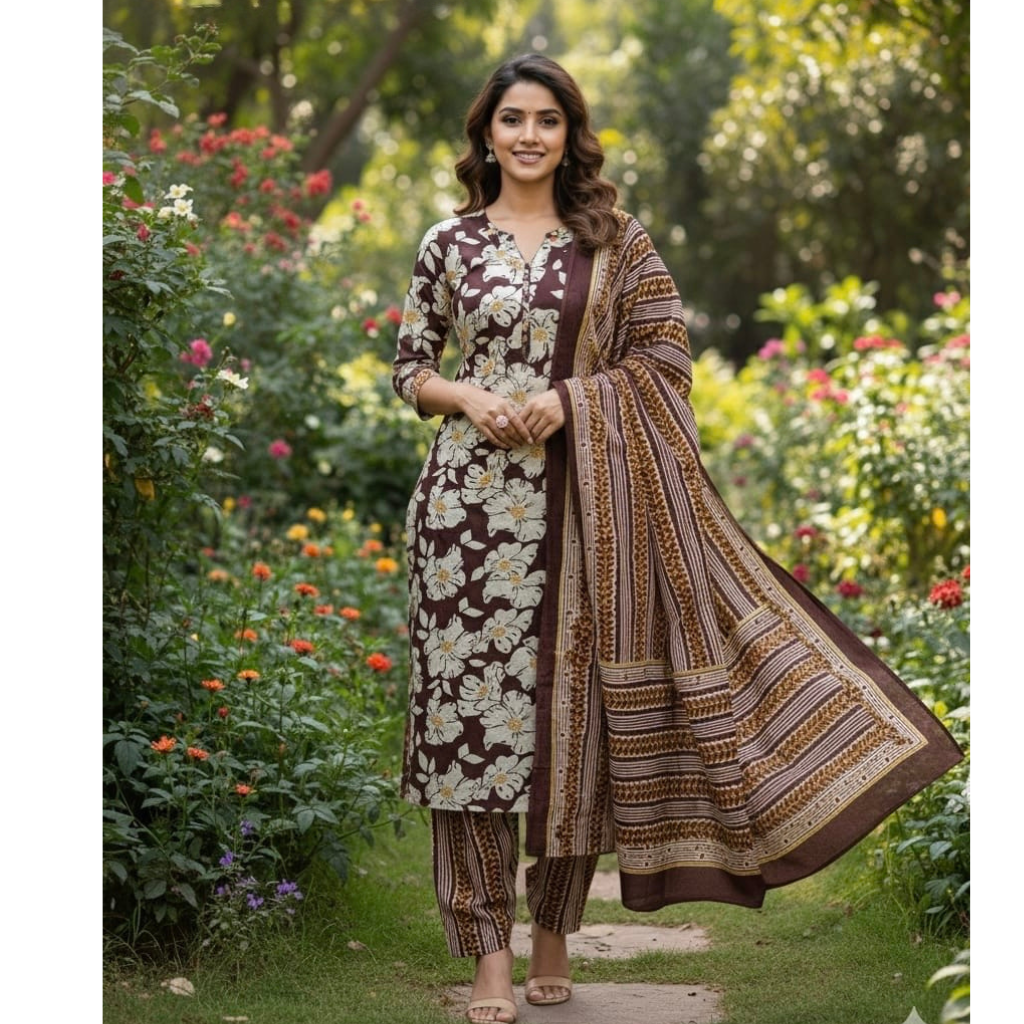 Jaipuri Cotton Women Kurta Pant Dupatta Set mahezon