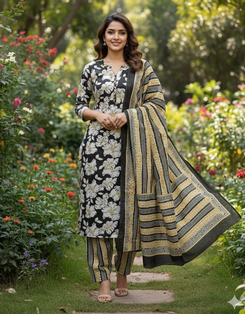 Load image into Gallery viewer, Jaipuri Cotton Women Kurta Pant Dupatta Set mahezon
