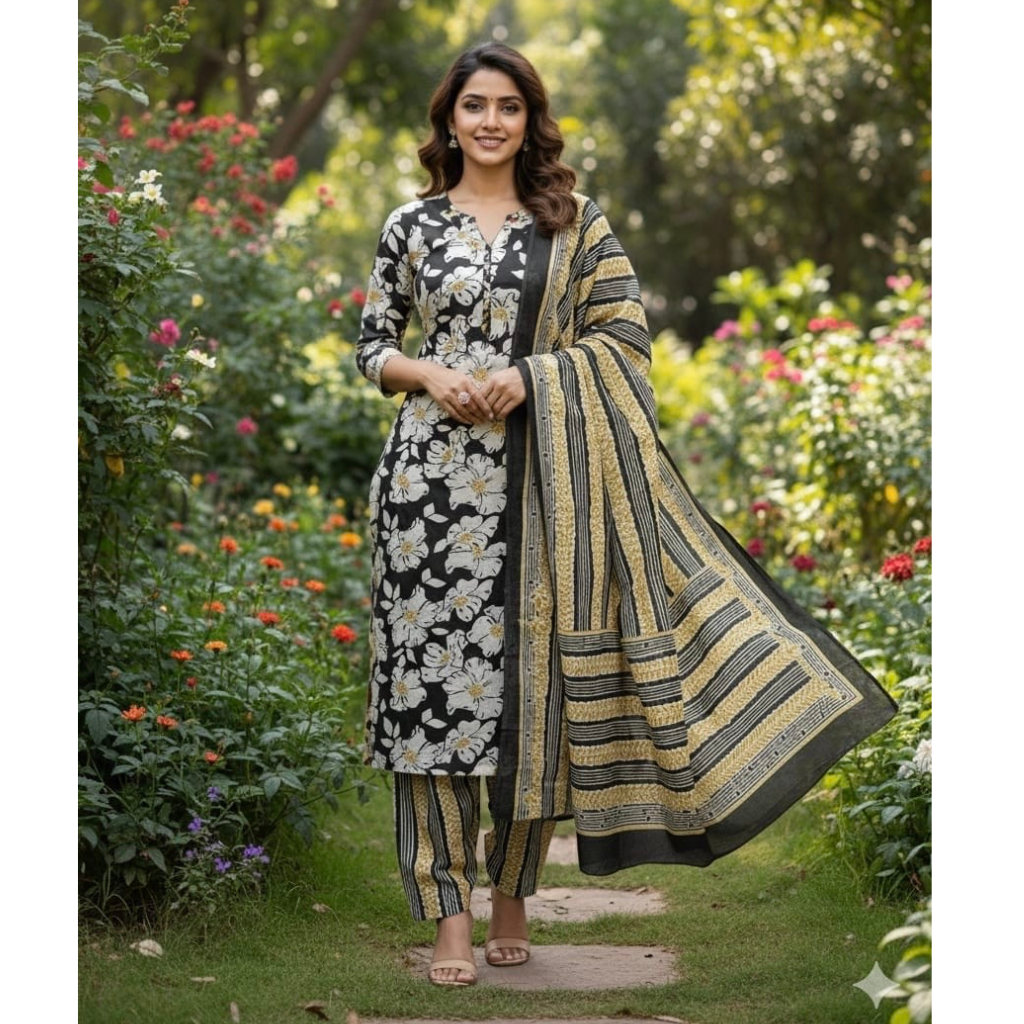 Jaipuri Cotton Women Kurta Pant Dupatta Set mahezon