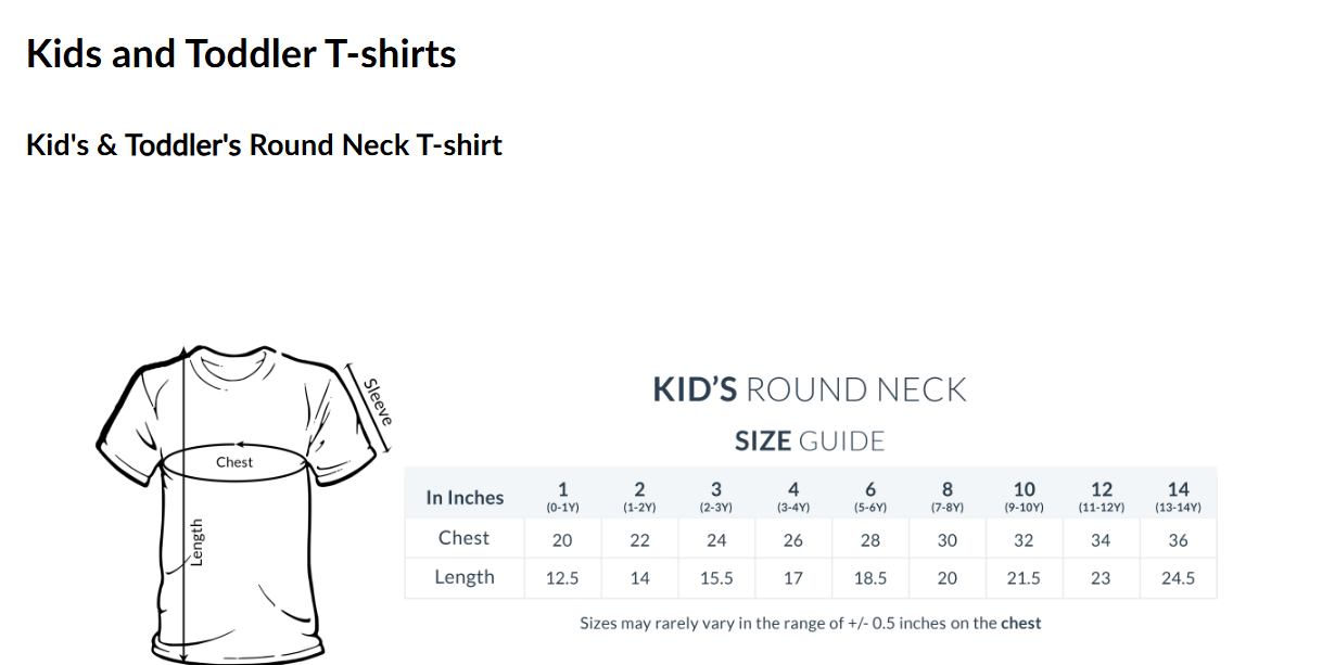 Size guide for kids round neck t-shirts 