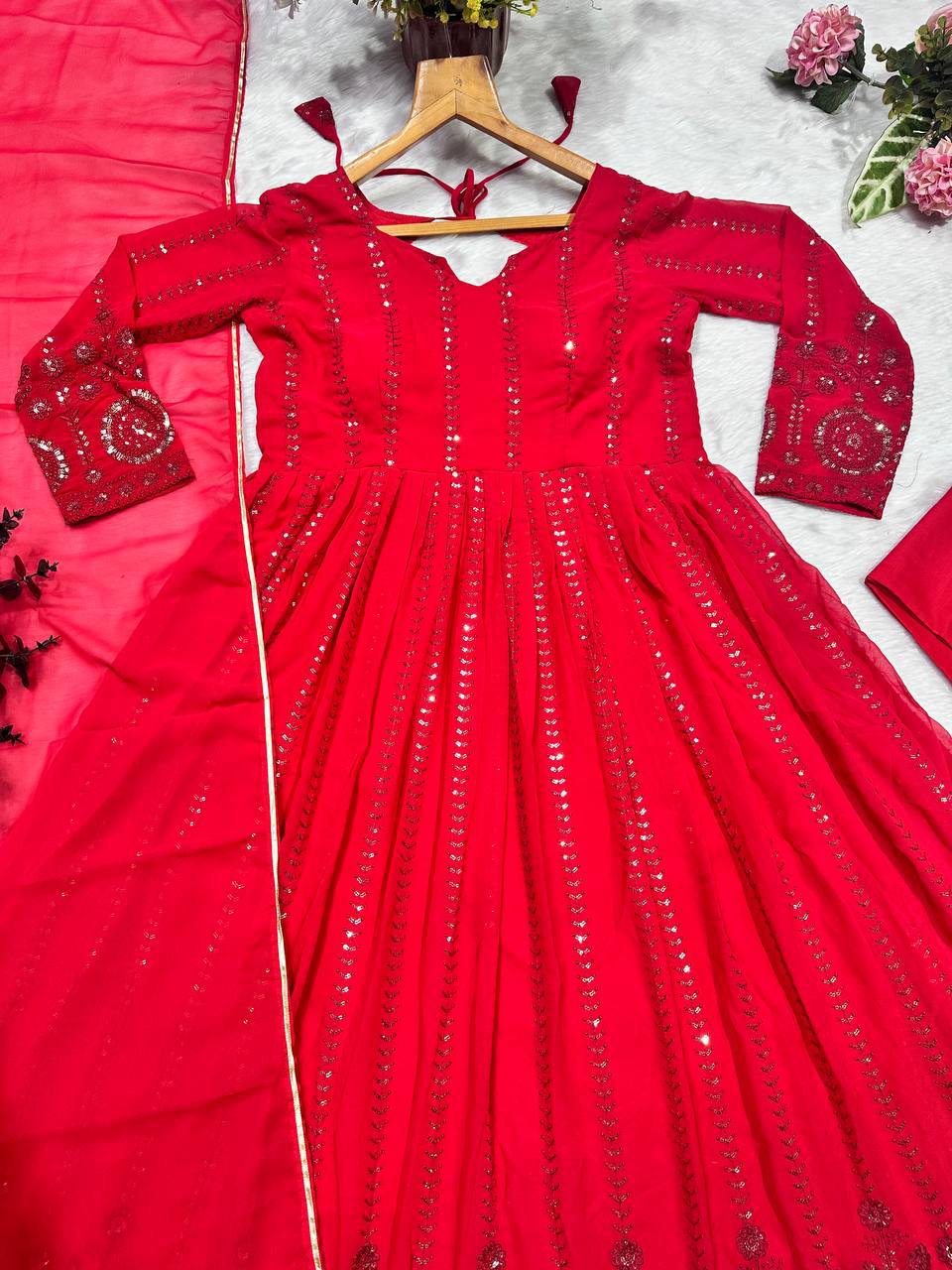 Festive Karwa Chauth Red Women’s Kurta Pant Dupatta Set mahezon
