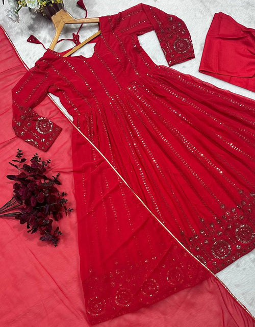 Load image into Gallery viewer, Festive Karwa Chauth Red Women’s Kurta Pant Dupatta Set mahezon
