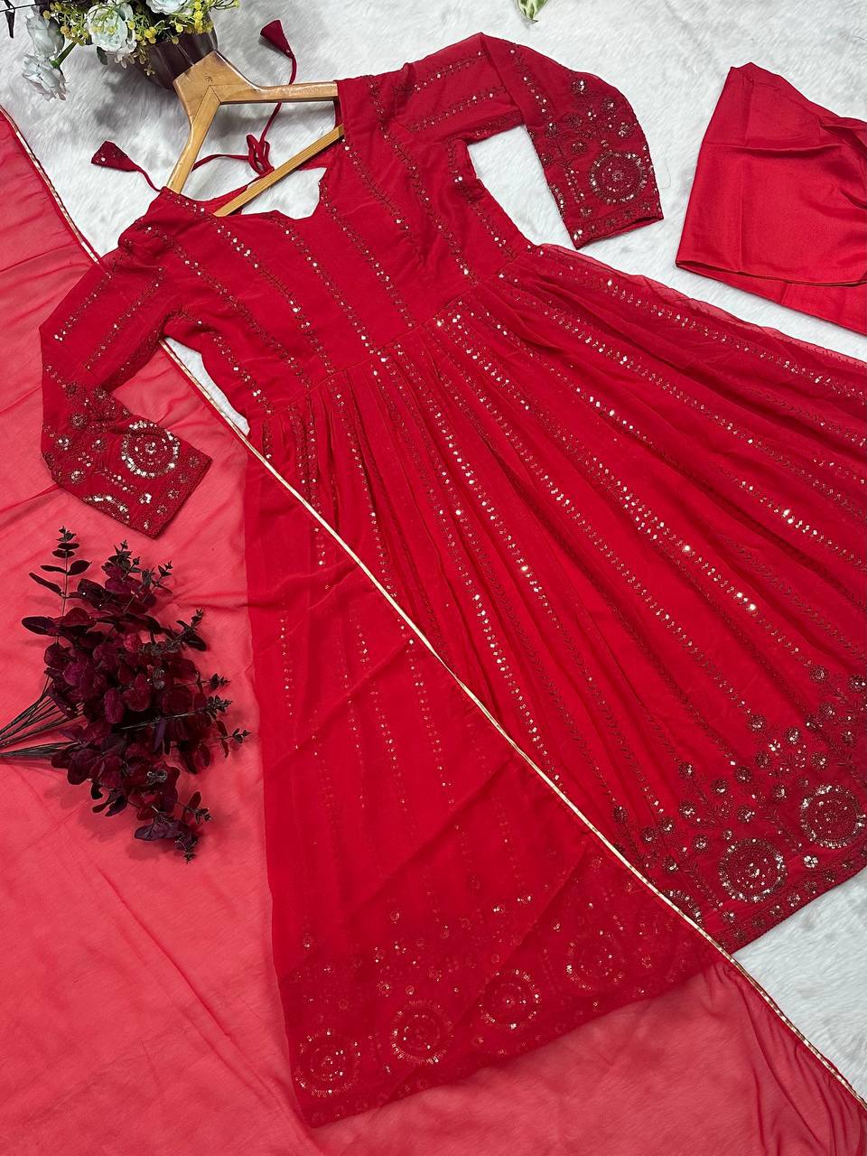 Festive Karwa Chauth Red Women’s Kurta Pant Dupatta Set mahezon