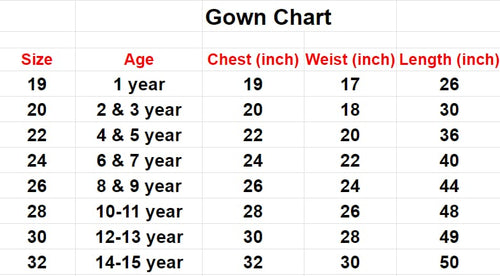Load image into Gallery viewer, Gown chart with size, age, chest, waist, and length measurements.
