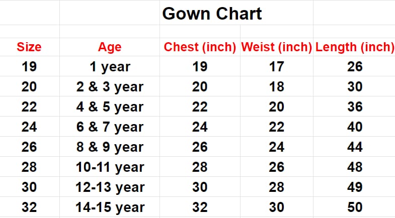 Gown chart with size, age, chest, waist, and length measurements.