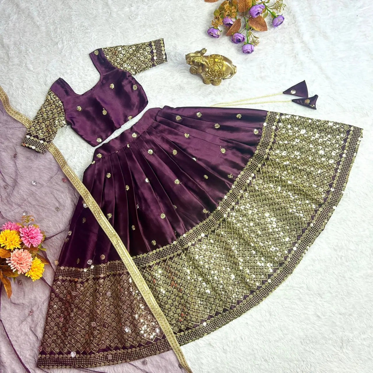 Kids Girls Ethnic Purple Lehenga Choli Dupatta Set mahezon