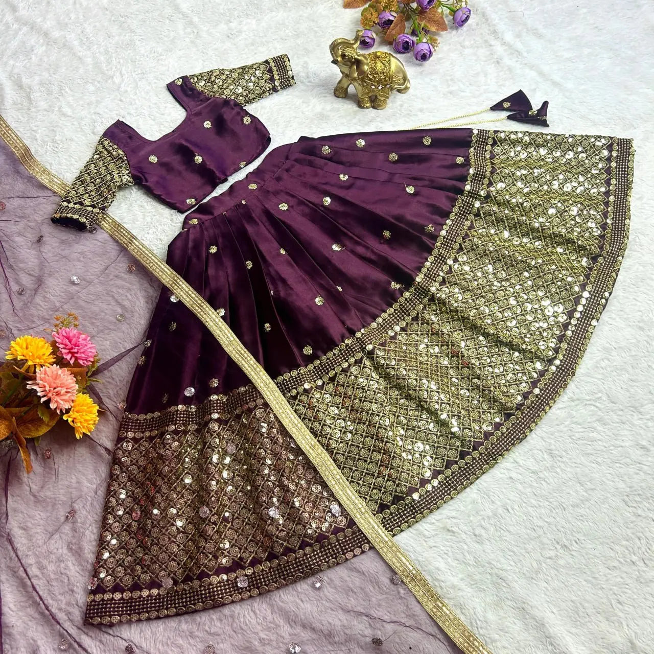 Kids Girls Ethnic Purple Lehenga Choli Dupatta Set mahezon