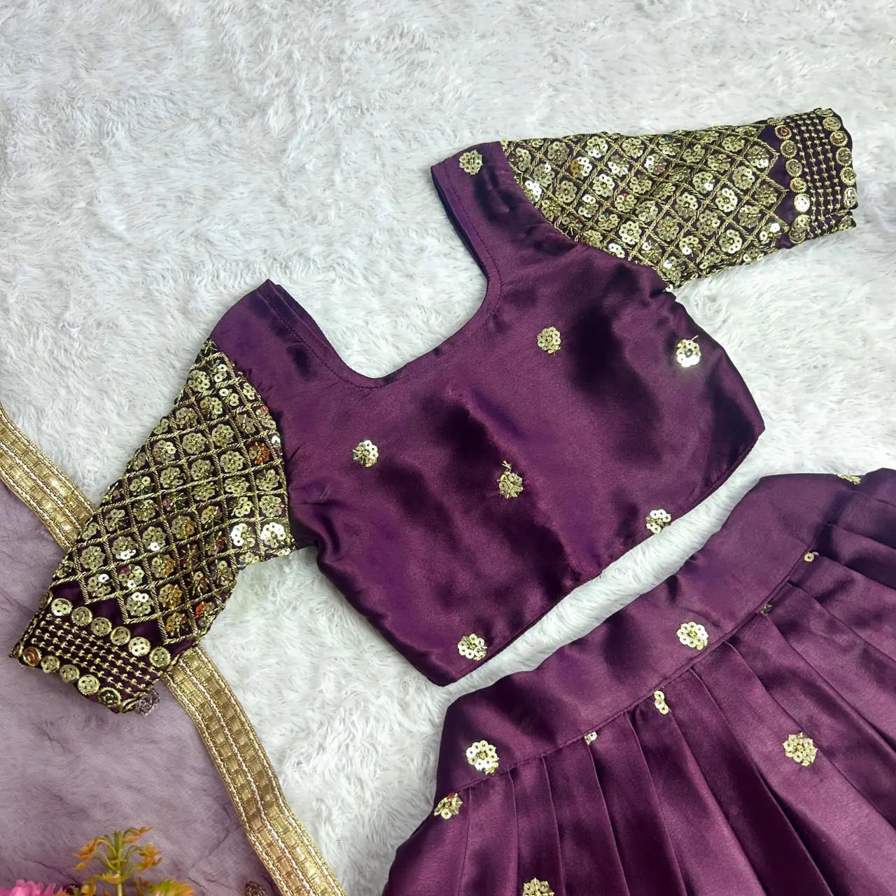 Kids Girls Ethnic Purple Lehenga Choli Dupatta Set mahezon