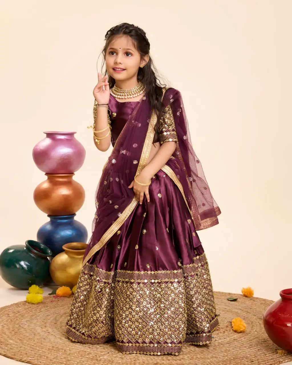 Kids Girls Ethnic Purple Lehenga Choli Dupatta Set mahezon