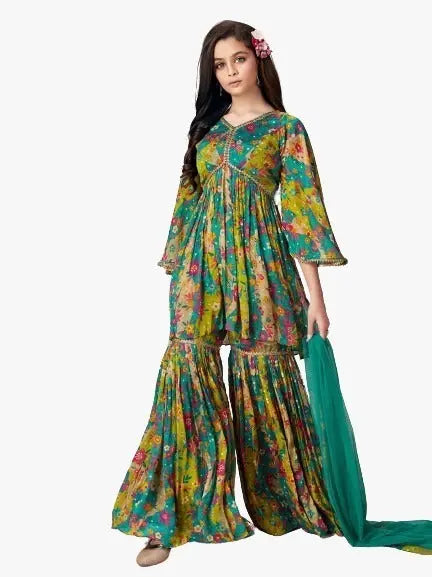 Load image into Gallery viewer, Kids Wedding Wear Girls Top Sharara Pant Dupatta Set mahezon
