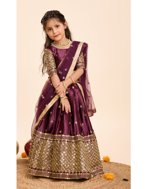 Load image into Gallery viewer, Kids Girls Ethnic Purple Lehenga Choli Dupatta Set mahezon
