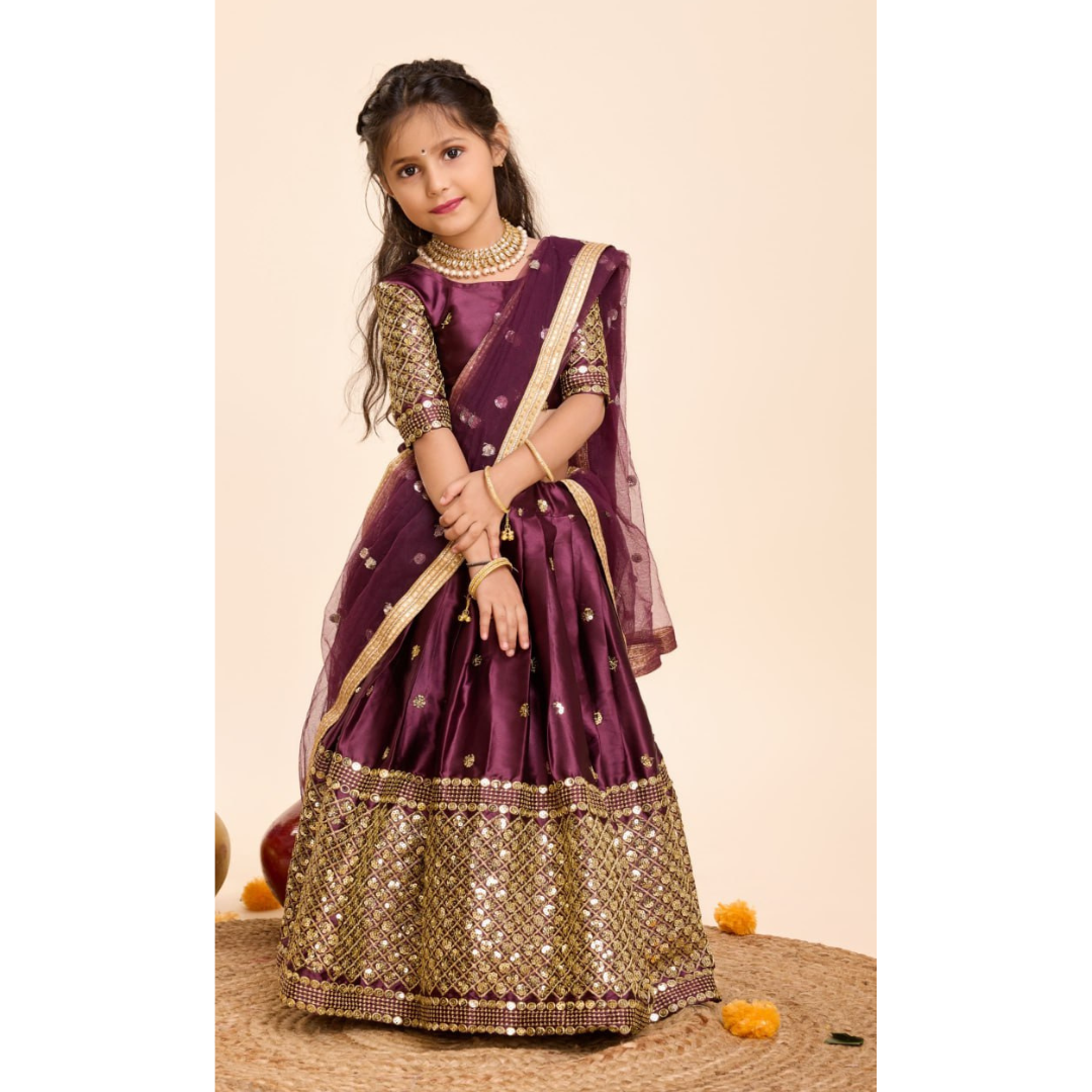 Kids Girls Ethnic Purple Lehenga Choli Dupatta Set mahezon