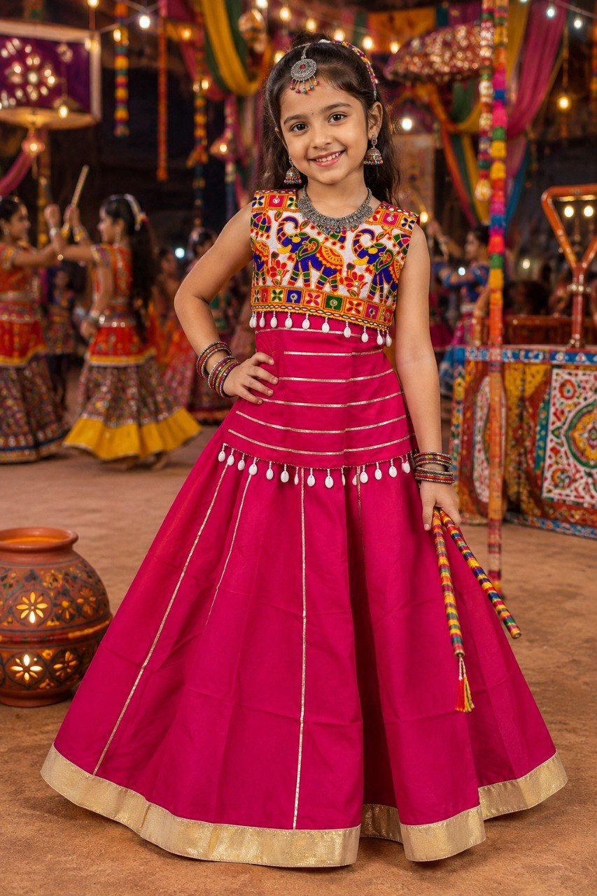 A young girl modeling a bright magenta pink traditional Indian lehenga choli dress with gold and multicolor embroidery, standing in a decorated festive indoor setting.