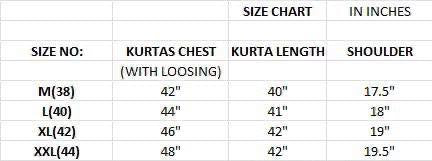 A size chart table showing measurements for Kurtas, with columns for Size No, Kurtas Chest (with loosing), Kurta Length, and Shoulder in inches, listing M(38), L(40), XL(42), and XXL(44).
