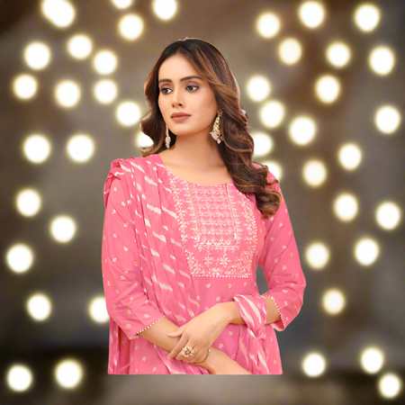 Exclusive Light Pink Naira cut Kurti Pant Dupatta Suit mahezon