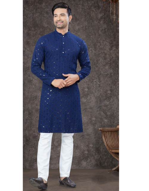 Load image into Gallery viewer, Lucknowi Chikankari Royal Blue Mens Kurta Pajama mahezon
