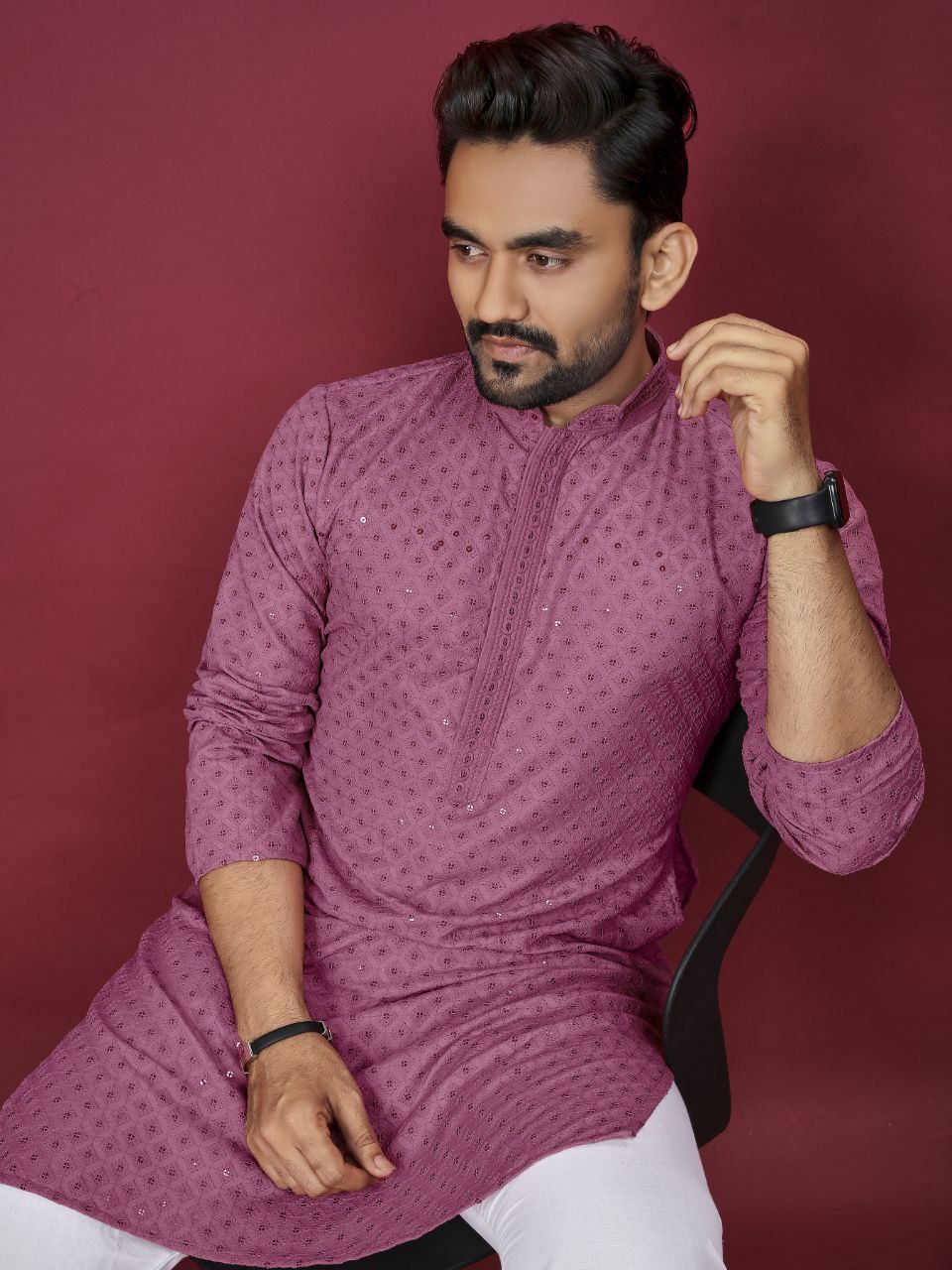 Indian Traditional Cotton Lucknowi Men Kurta Pyjama Set mahezon