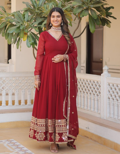 Load image into Gallery viewer, Maroon Party wear Embroidery Sequin Women Gown Dupatta Suit mahezon
