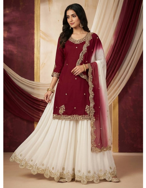 Load image into Gallery viewer, Festive Embroidered Sequence Women Top Palazzo Dupatta Suit Dress mahezon
