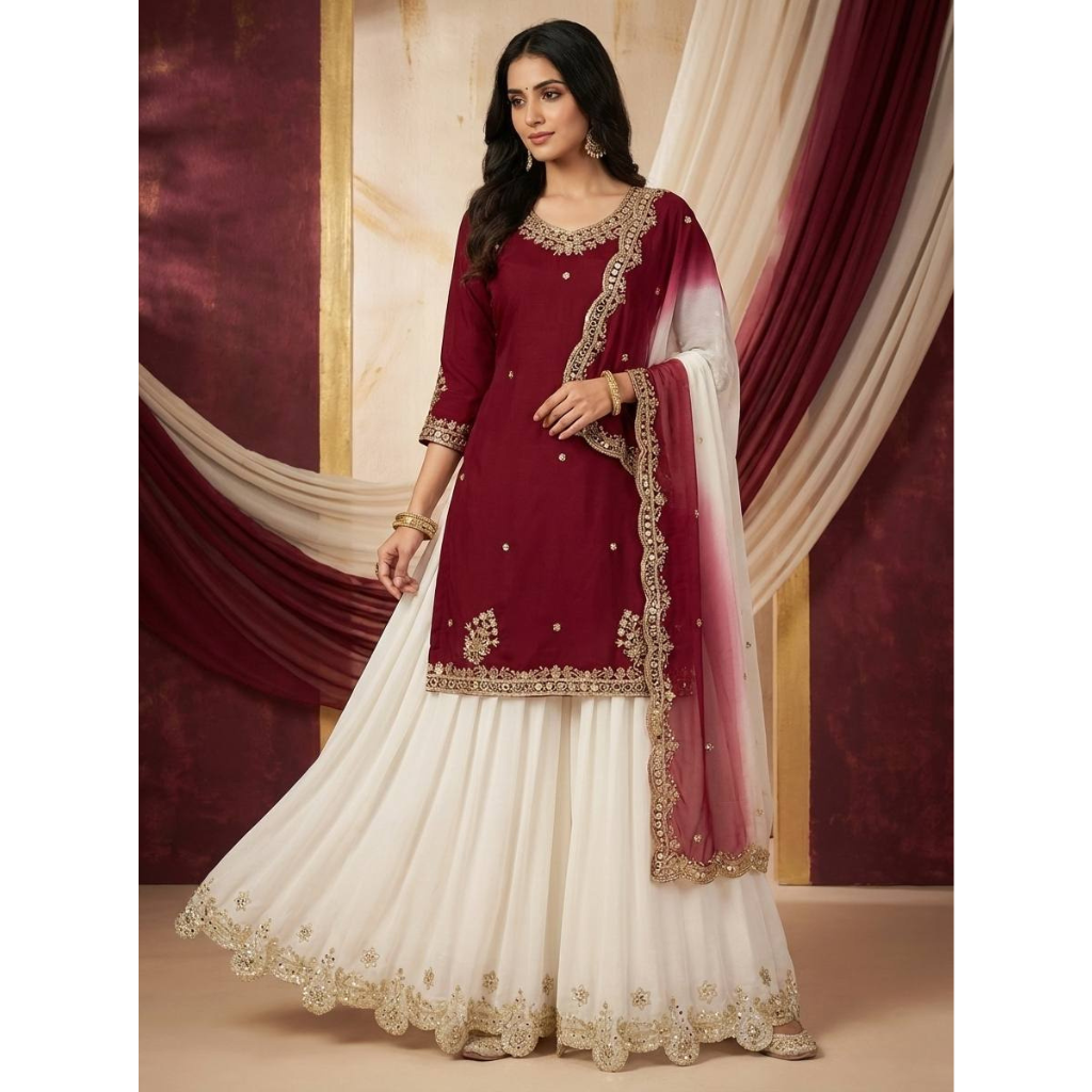 Festive Embroidered Sequence Women Top Palazzo Dupatta Suit Dress mahezon