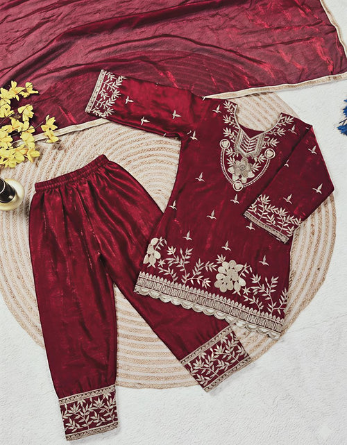 Load image into Gallery viewer, Festive Embroidery Sequence Kid Girl Kurti Palazzo with Dupatta Suit mahezon
