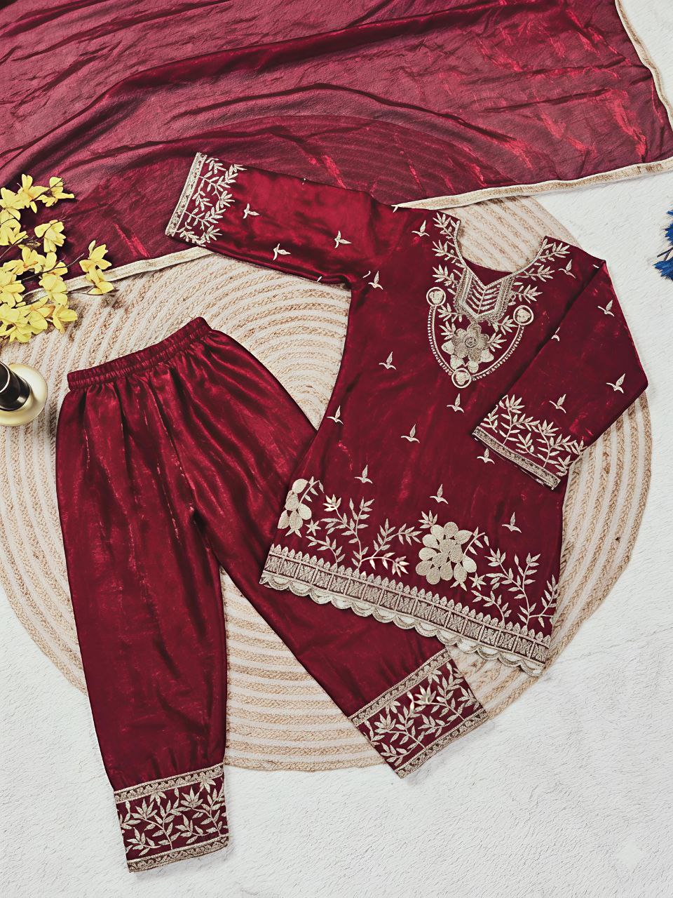 Festive Embroidery Sequence Kid Girl Kurti Palazzo with Dupatta Suit mahezon