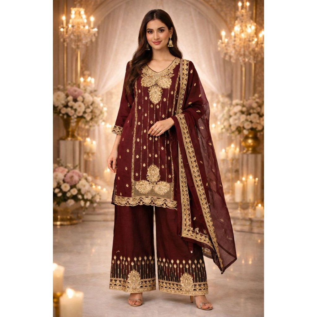 Party Wear Embroidered Women Top Palazzo Dupatta Suit Dress mahezon