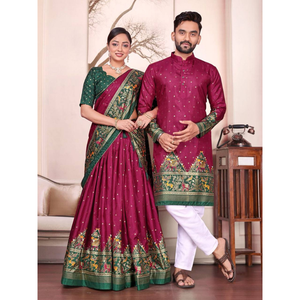 Wedding Traditional Indian Couple Wear Same Matching Men Kurta Pajama Women Lehenga Choli Dupatta mahezon