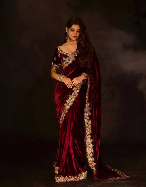 Load image into Gallery viewer, Winter Designer Velvet Women Saree mahezon
